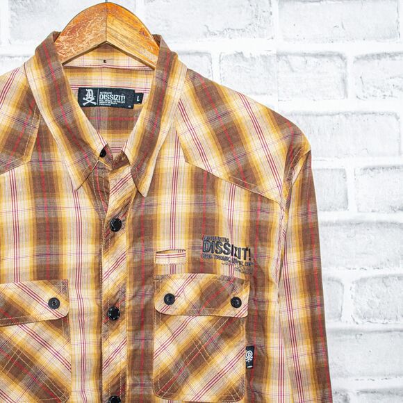DISSIZIT! Western Snap Button up Shirt Brown Plaid Long Sleeve Size Large - Picture 1 of 9
